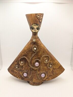 Signed Vtg Abelardo Ruiz Big Eyes Lady Figurine Candle Holder Paper Mache Mexico